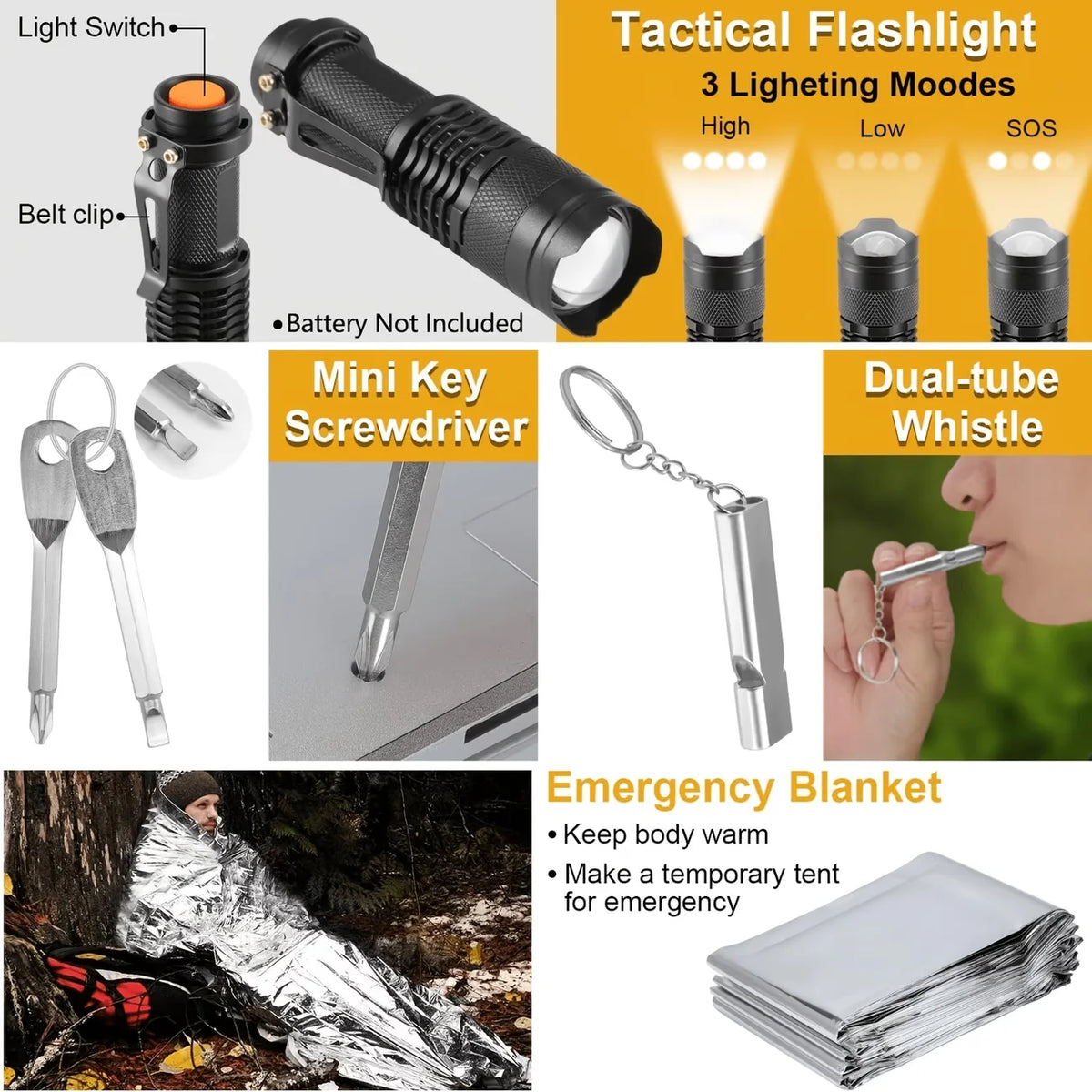 A comprehensive survival and outdoor gear kit featuring 258 essential pieces, including fire starters, compasses, and versatile multi-functional tools. Designed for camping, hiking, emergency preparedness, and outdoor adventu