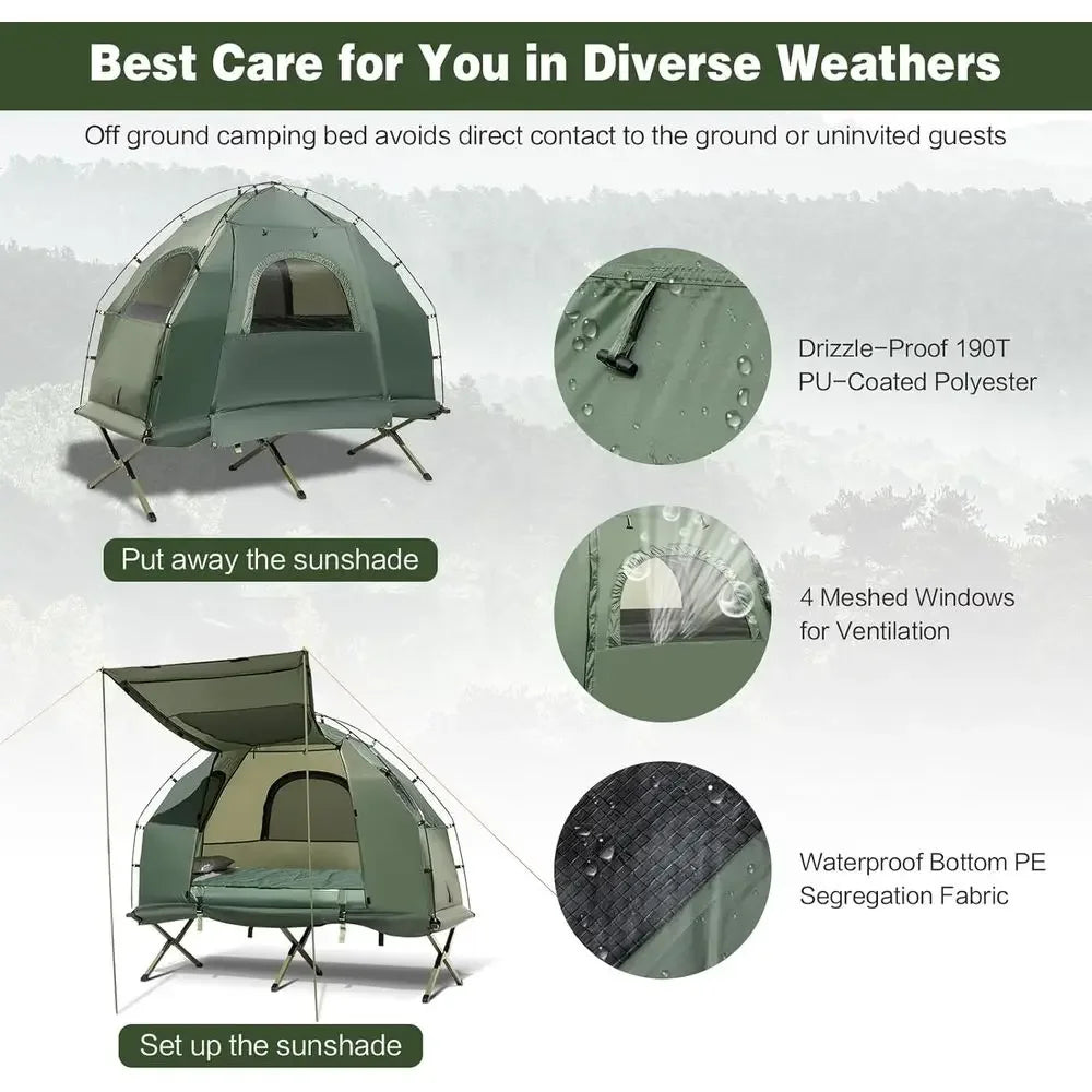 All-in-One Tent Cot Set with Awning, Air Mattress, Sleeping Bag, Pillow, and Carry Bag for Outdoor Adventures