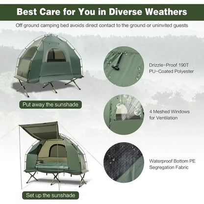All-in-One Tent Cot Set with Awning, Air Mattress, Sleeping Bag, Pillow, and Carry Bag for Outdoor Adventures