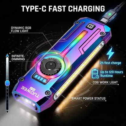 TUOWEE 7-in-1 1800LM Tactical Flashlight, Type-C Rechargeable EDC Light with 395 NM UV Light, Laser, RGB Light, Magnetic Base & Stepless Dimming for Outdoor Use