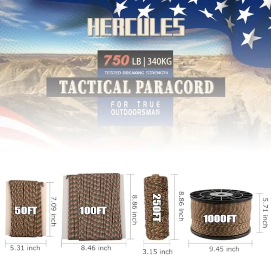 750lb Paracord 4mm 11 Strands Tactical Parachute Cord, 50' 100' 250' 1000' Utility Rope for Camping, Survival, Outdoor Gear
