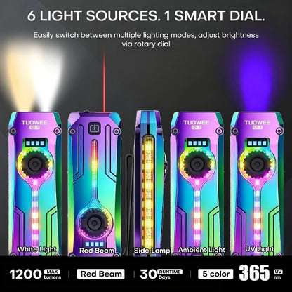 TUOWEE 7-in-1 1800LM Tactical Flashlight, Type-C Rechargeable EDC Light with 395 NM UV Light, Laser, RGB Light, Magnetic Base & Stepless Dimming for Outdoor Use