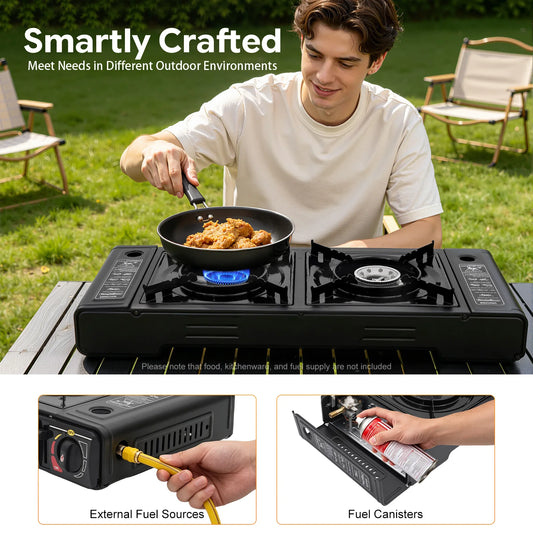 2-Burner Portable Butane/LPG Camping Stove with Tray & Carry Case | Compact Outdoor Gas Cooker for Camping, Picnics, RVs, BBQs & Emergency Cooking