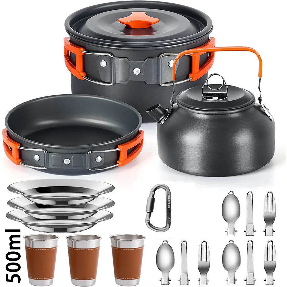Camping Cookware Set for 2–3 People – Non-Stick Camping Cooking Pot & Pan Set with Teapot, Travel Tableware Kit for Outdoor Camping, Hiking, Backpacking & Picnics