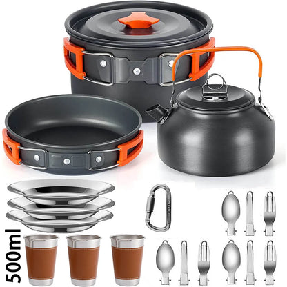 Camping Cookware Set for 2–3 People – Non-Stick Camping Cooking Pot & Pan Set with Teapot, Travel Tableware Kit for Outdoor Camping, Hiking, Backpacking & Picnics