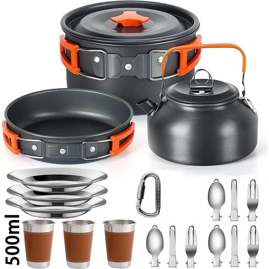 Camping Cookware Set for 2–3 People – Non-Stick Camping Cooking Pot & Pan Set with Teapot, Travel Tableware Kit for Outdoor Camping, Hiking, Backpacking & Picnics
