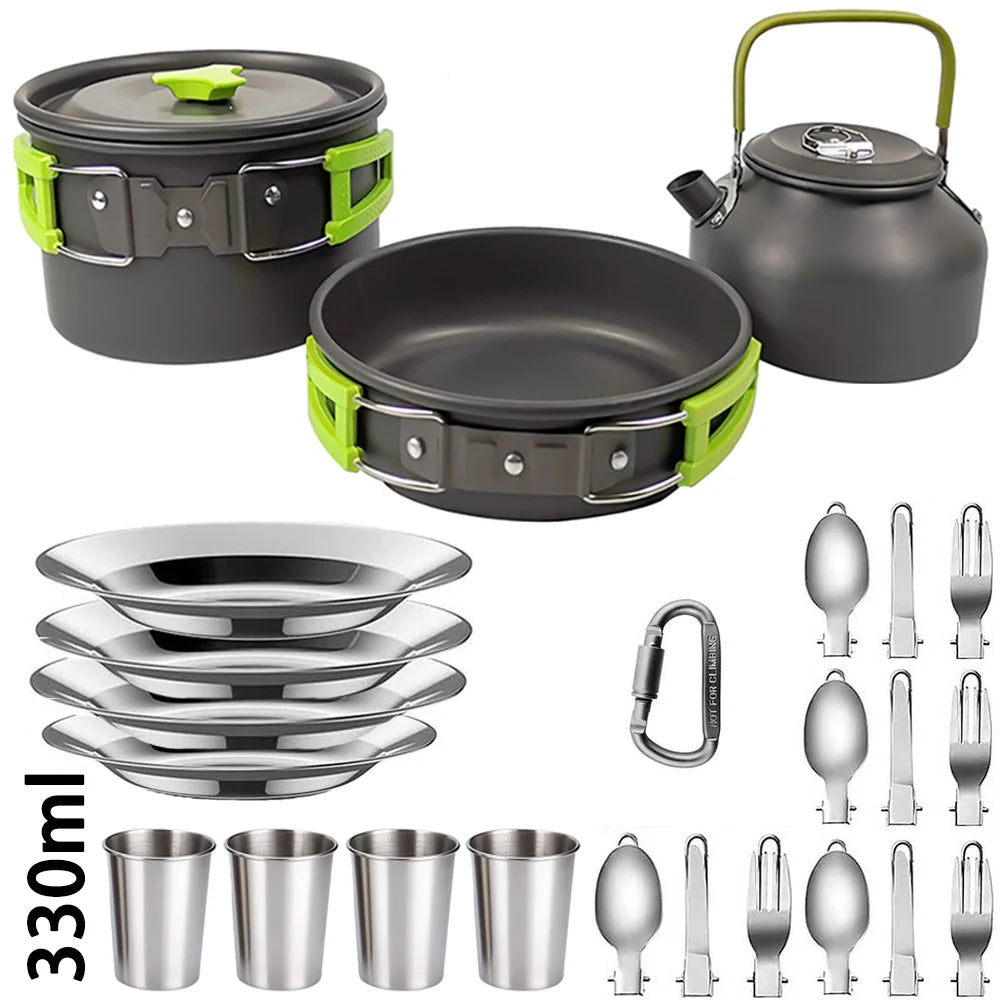 Camping Cookware Set for 2–3 People – Non-Stick Camping Cooking Pot & Pan Set with Teapot, Travel Tableware Kit for Outdoor Camping, Hiking, Backpacking & Picnics