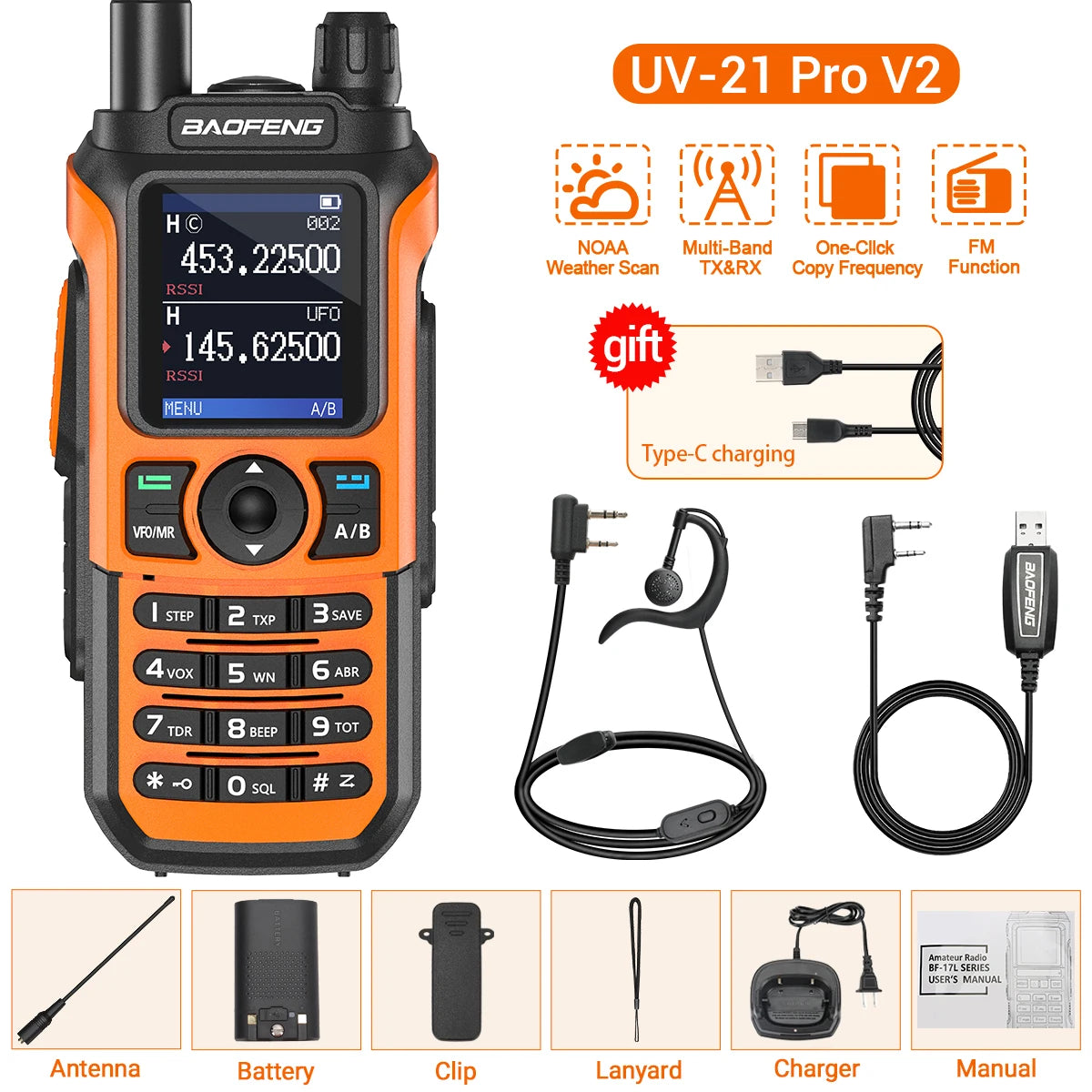 Baofeng UV-21 Pro V2 Long-Range Walkie Talkie – VHF/UHF Two-Way Radio with Air Band Reception, Wireless Frequency Copy & USB-C Charging