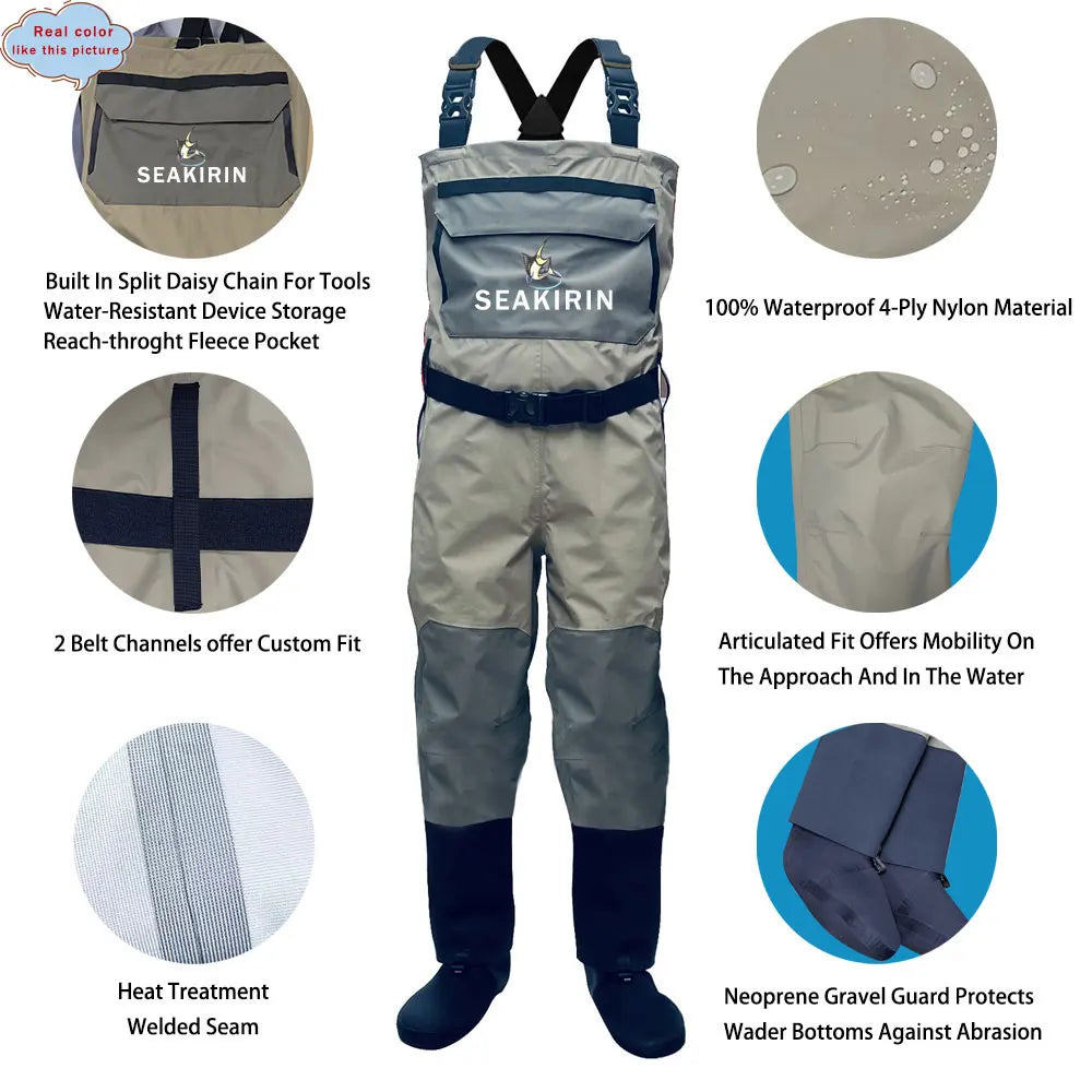 4-Layer Waterproof Men's Chest Fishing Waders Stockingfoot River Dry Wading Hunting Clothing with Neoprene Gravel Guard Protects