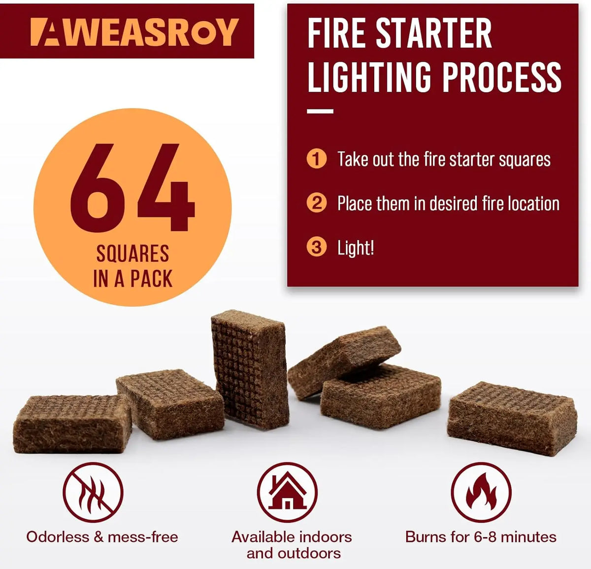Fire Starter Squares 64 - Fire Starters for Fireplace,Chimney,BBQ Grill,Camping Fire,Wood Stove - Water Resistant and Safe Odourless - Camping Accessories