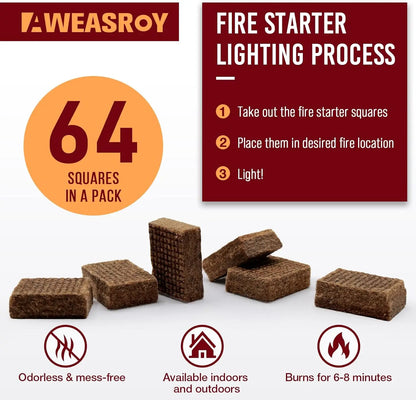 Fire Starter Squares 64 - Fire Starters for Fireplace,Chimney,BBQ Grill,Camping Fire,Wood Stove - Water Resistant and Safe Odourless - Camping Accessories