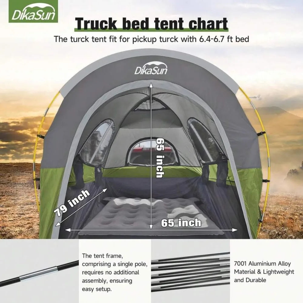 Waterproof PU3000 Truck Bed Tent for 2 Person Camping Tear Resistant Portable Pickup Tent with 3 Windows 4 Storage Bags Compatible with F150 F250 F350 RAM Titan Dirt Bike Tailgate Overnight Outdoor Travel