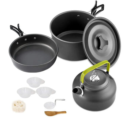 Camping Cookware Set for 2–3 People – Non-Stick Camping Cooking Pot & Pan Set with Teapot, Travel Tableware Kit for Outdoor Camping, Hiking, Backpacking & Picnics