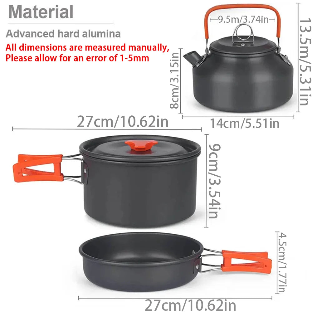 Camping Cookware Set for 2–3 People – Non-Stick Camping Cooking Pot & Pan Set with Teapot, Travel Tableware Kit for Outdoor Camping, Hiking, Backpacking & Picnics