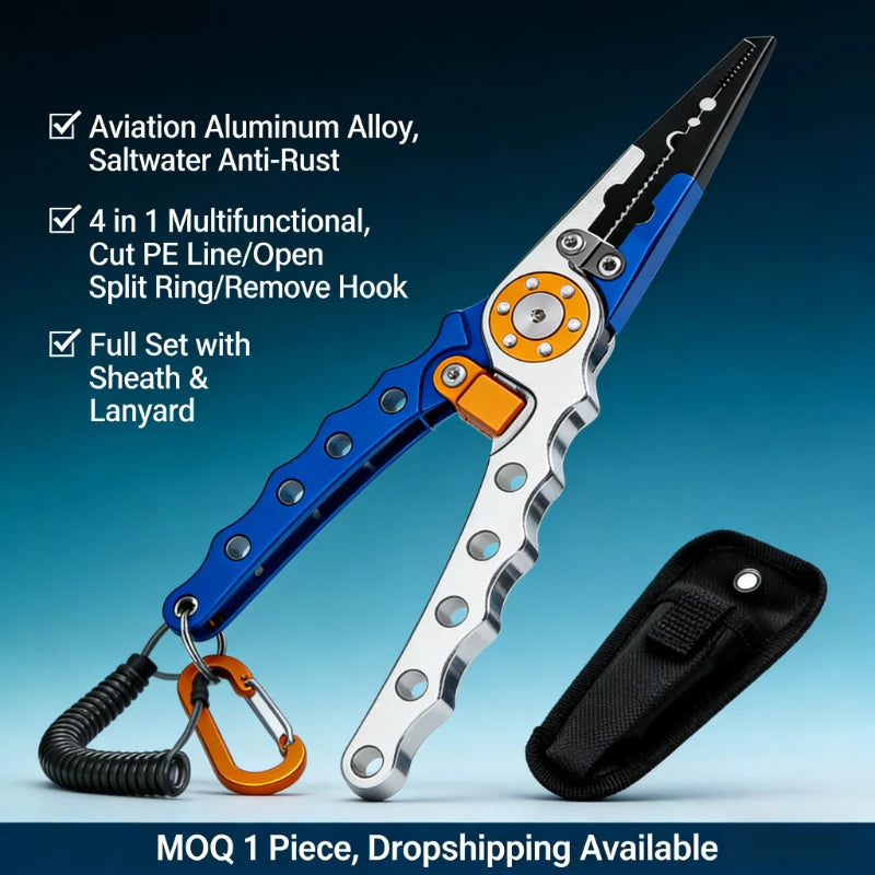 Aluminum Alloy Fishing Pliers Saltwater Corrosion Resistant, Heavy Duty Fishing Multitool with Lanyard Sheath Hook Remover Line